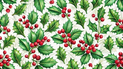 Vibrant red holly berries and intricately detailed green leaves adorn a seamless festive holiday pattern on a crisp white background.