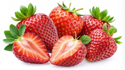 Vibrant, ripe strawberries in various angles and views, including top and front sides, with half sliced-isolated on transparent background.
