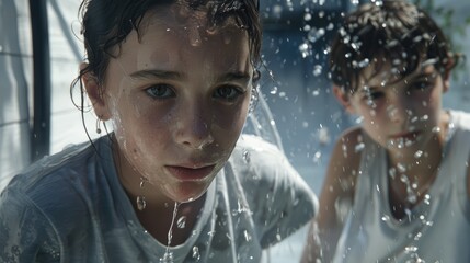 Obraz premium Scandinavian preteen with dark hair wearing earrings grey t shirt cooling off with water hose along with friend in white t shirt