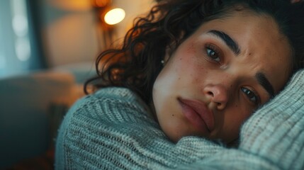 Close up of a thoughtful young woman indoors hugging her head in distress while facing the emotional aftermath of a relationship breakup divorce or financial strain