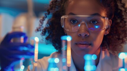 Young female scientist conducting pipetting in a life science research laboratory specializing in biochemistry genetics forensics and microbiology