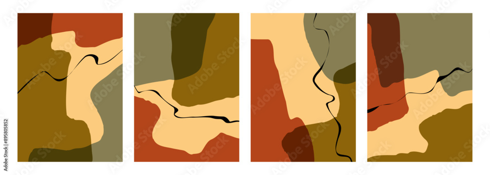 Poster autumn theme abstract backgrounds with various curved bright colored shapes and black bent lines for
