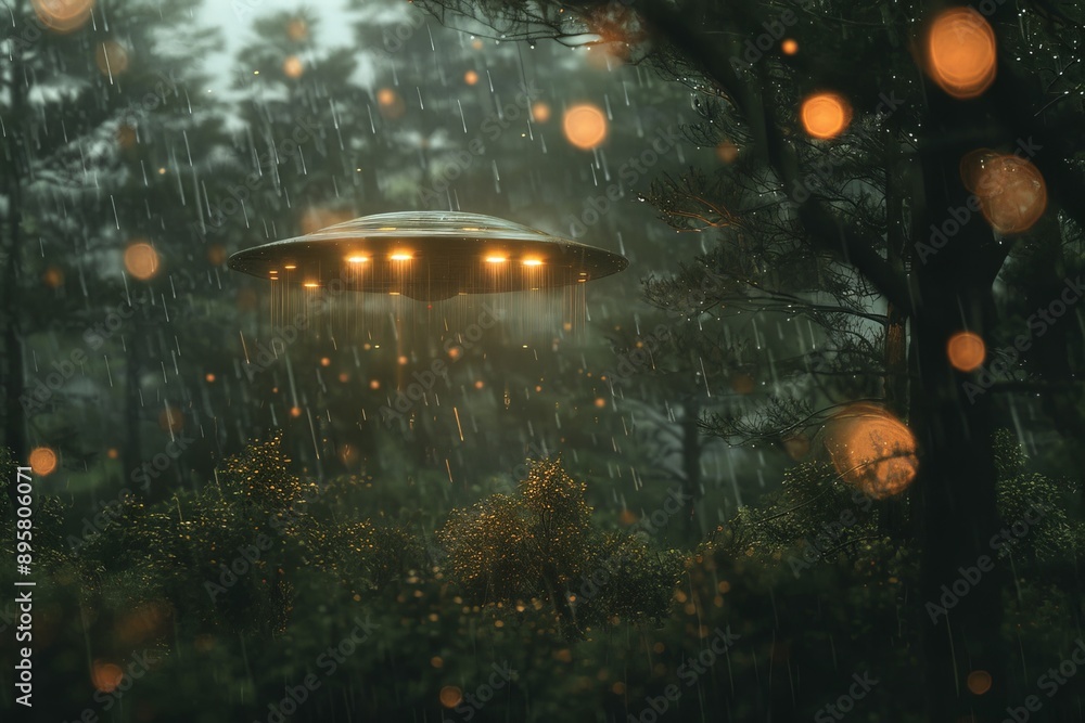 Aufkleber A UFO with bright lights hovers over a dense forest while it pours rain, creating a mysterious and otherworldly atmosphere. The scene is illuminated by the craft's glow.