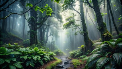 Moody misty foggy forest scenery with lush greenery and dripping wet leaves under gloomy dark grey rainy sky backdrop.