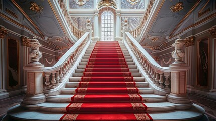 Obraz premium Grand palace staircase, blending luxury and history with elegant marble steps, ornate red carpet, and lavish decor in a majestic architectural setting