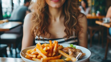 Woman in a restaurant achieving her weight loss goal with a slender body choosing between French fries and fried chicken Embracing a healthy lifestyle she prioritizes thinness a slim waist a