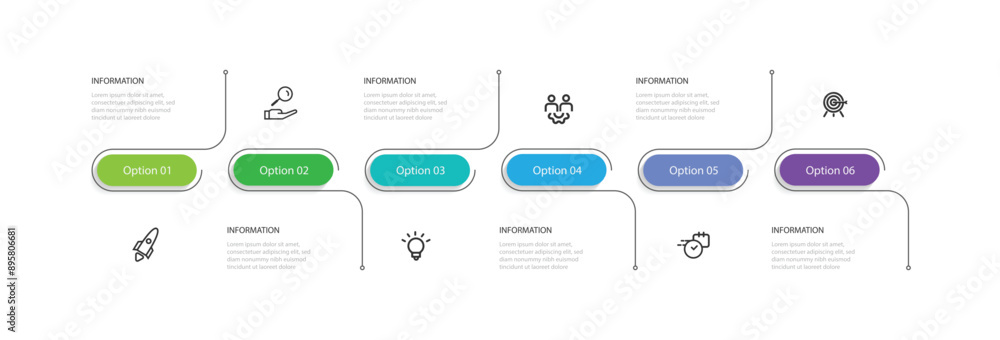Poster 6 step process infographic template with icons suitable for business information, workflow and web graphic visualization