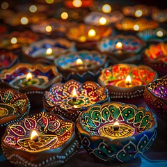 12. A close-up of multiple diyas with different designs and colors, all lit and arranged in a beautiful pattern, perfect for Diwali-themed activities