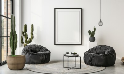 Trendy white living room with modern decoration, simple home decor. Room with black furniture, frame, cactus and some plants