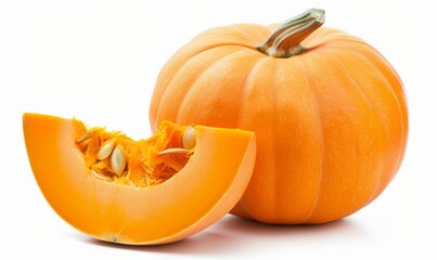Whole orange pumpkin and slice of pumpkin isolated on white background. Clipping Path. Full Depth of field. Focus stacking