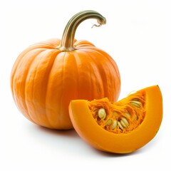 Whole orange pumpkin and slice of pumpkin isolated on white background. Clipping Path. Full Depth of field. Focus stacking