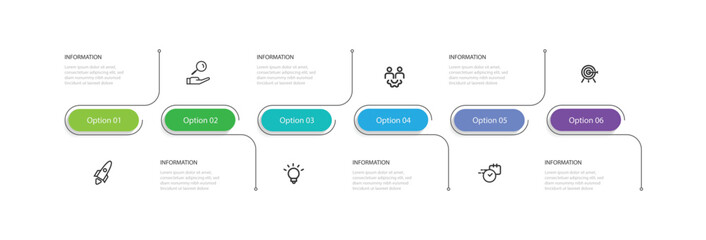 6 step process infographic template with icons suitable for business information, workflow and web graphic visualization