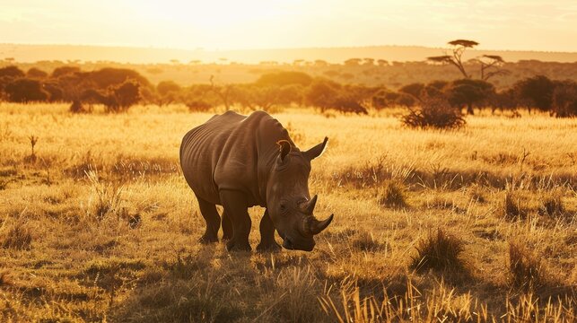 White rhinoceros grazing on the savanna at sunset in the african plains