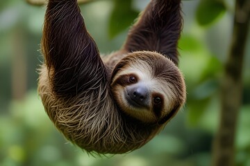 Naklejka premium Cute sloth on beautiful green nature background, Choloepus hoffmanni, Central america costa rica Generative AI