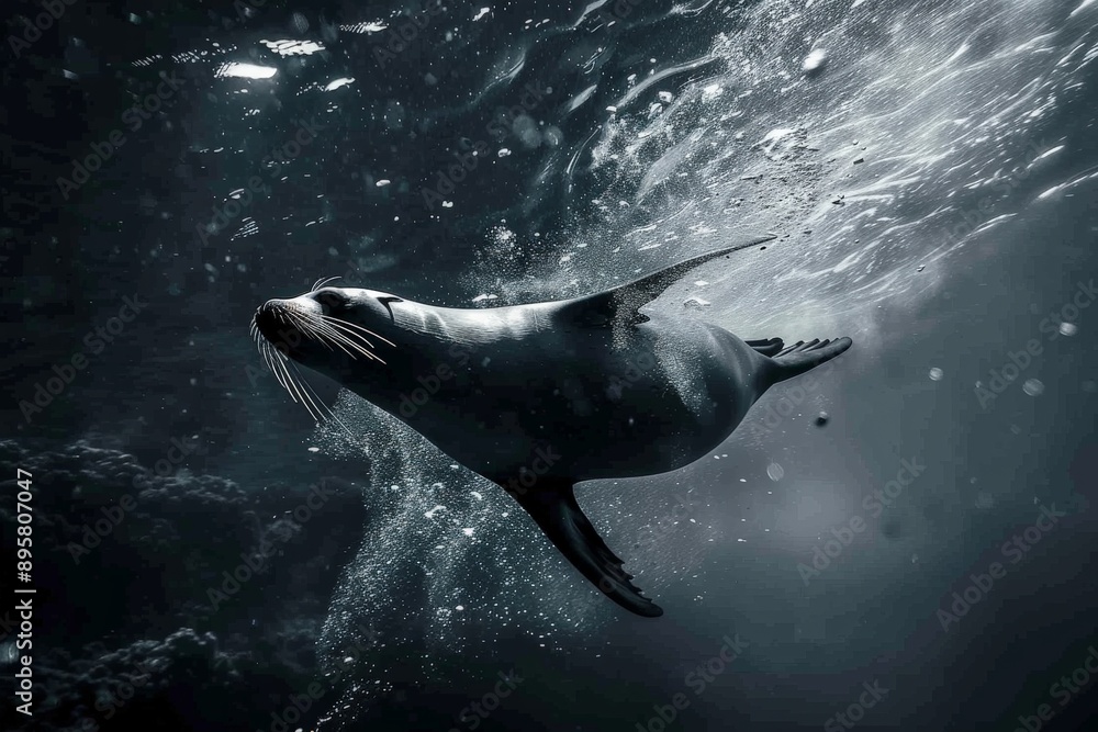Poster an elegant seal gracefully swims in peaceful underwater setting capturing fluid motion and tranquili