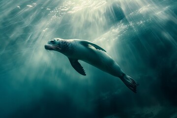 Fototapeta premium A seal swims gracefully under the water's surface, illuminated by rays of sunlight, creating a mesmerizing interplay of light and shadow in the underwater environment.