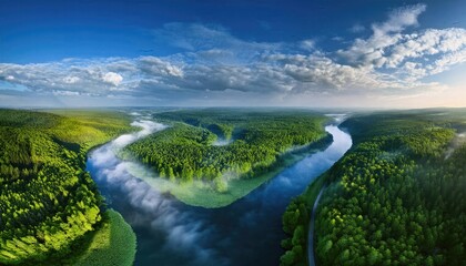 River images, landscapes with rivers and clouds, A winding river is flowing in a forest and the sky is blue and there are white clouds too, spring background,