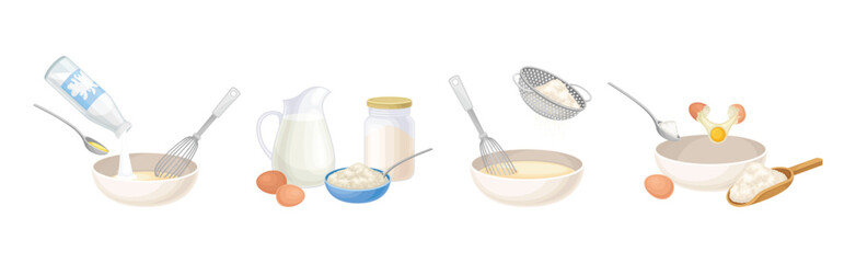 Tasty Pancake Cooking Process with Utensil Vector Set