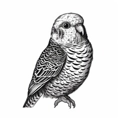 Black and white Vintage engraved art of a budgerigar isolated on white background, ink sketch illustration, simple vector art design, highly detailed line art, high contrasty