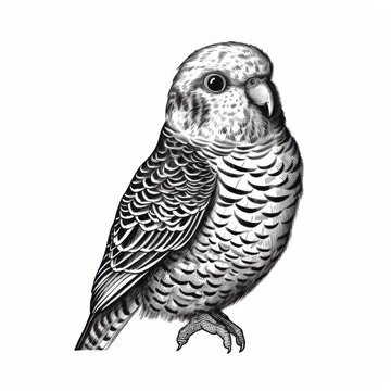 recommend clip art: Black and white Vintage engraved art of a budgerigar isolated on white background, ink sketch illustration, simple vector art design, highly detailed line art, high contrasty