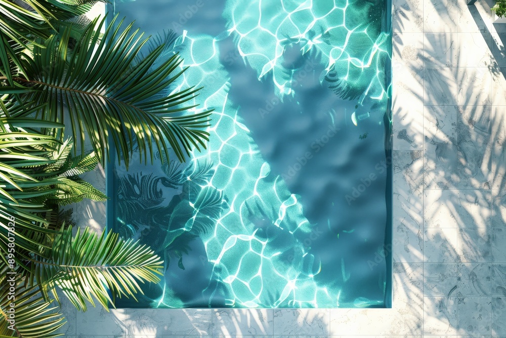 Poster The image displays a serene pool where the reflections of surrounding palm leaves create a harmonious interplay of light and water, evoking a sense of tranquility and tropical beauty.