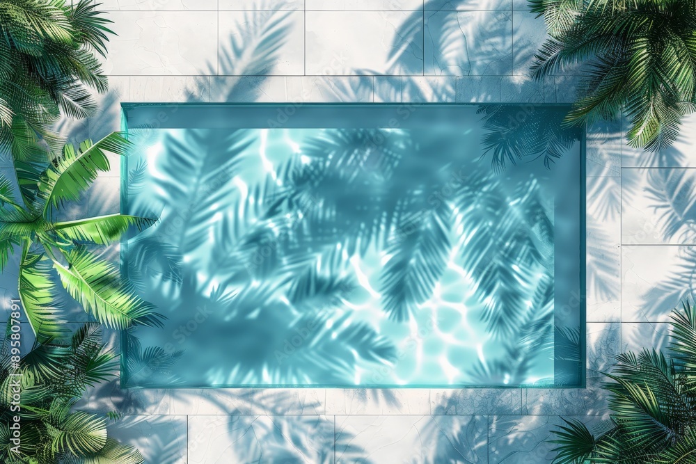 Poster This image shows a rectangular swimming pool, with sunlight casting the shadows of nearby tropical plants onto the water, creating an inviting mix of light and foliage.