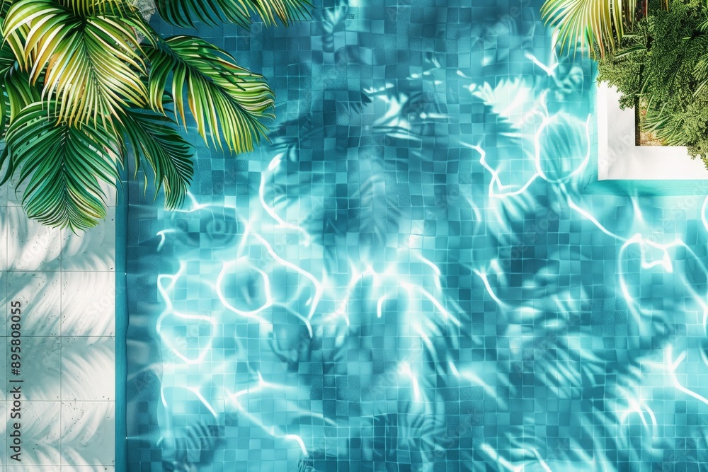 Poster a sparkling swimming pool in the sun, lined with palm trees. the clear water reflects their shadows,
