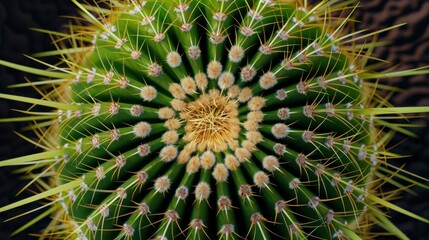 Close-up shot of a cactus with radial spines. The symmetry and details of the cactus create a visually striking pattern.