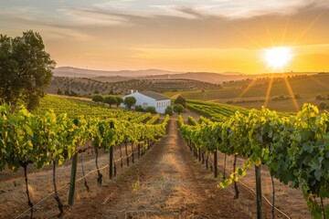 Fototapeta premium Vineyard in Alentejo at Sunset: Country Landscape with Vines in August