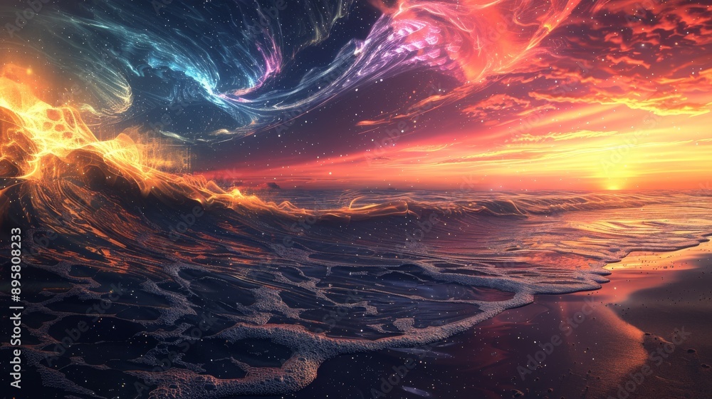 Poster an abstract representation of waves under a dramatic celestial sky with glowing clouds at sunset. th