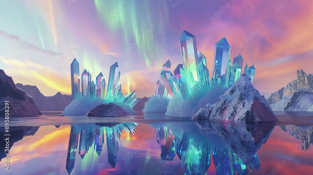 Poster radiant crystal formations pierce the twilight sky, casting luminous reflections on a serene body of
