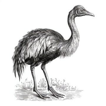 recommend clip art: Black and white Vintage engraved art of a cassowary isolated on white background, ink sketch illustration, simple vector art design, highly detailed line art, high contrasty. 