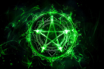 Green glowing pentagram sigil, magic spell overlay on black background