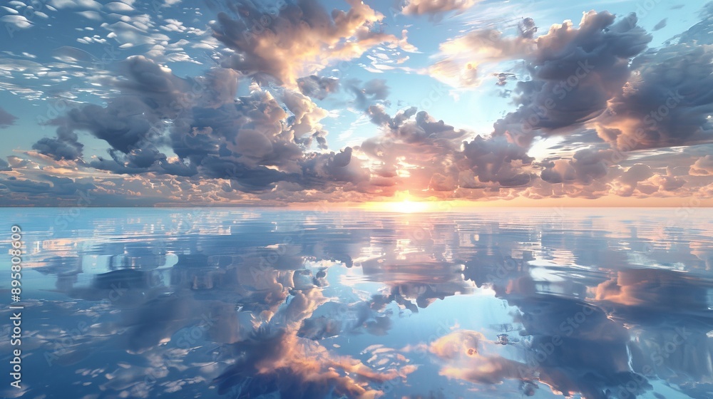 Poster a boundless, tranquil ocean stretches under an expansive sky filled with gently drifting clouds, har