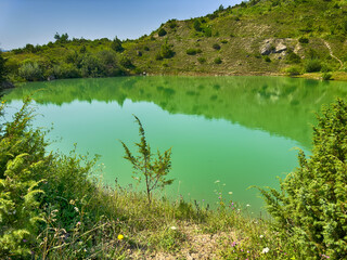 A wonderful landscape in the Carpathian mountains with a view of the lake between the rocks in...
