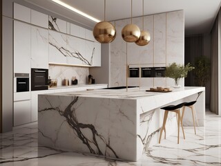 Elegant Opulence, Luxurious Modern Kitchen with White Cabinetry and Marble Surfaces