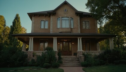 A grand two-story house with a charming porch, glowing warmly from inside, nestled among trees and bathed in the soft light of a setting sun