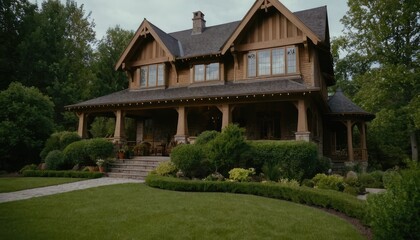 Obraz premium A grand two-story house with a charming porch, glowing warmly from inside, nestled among trees and bathed in the soft light of a setting sun