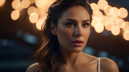 a woman with a strapless dress on the left side of her head