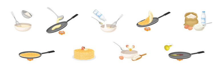 Tasty Pancake Cooking Process with Utensil Vector Set
