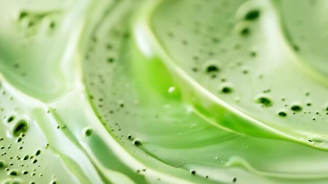 A smooth, green cream is depicted with swirling patterns and small air bubbles, indicating its creamy texture. The color suggests a matcha or avocado base. The mood is tranquil, captured under soft