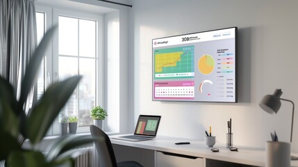 Fototapeta premium minimalist home office with a wall-mounted digital display showing a colorful, interactive monthly budget planner