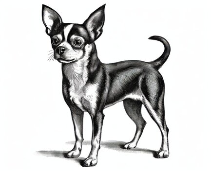 recommend clip art: Black and white Vintage engraved art of a Chihuahua isolated on white background, ink sketch illustration, simple vector art design, highly detailed line art, high contrasty 
