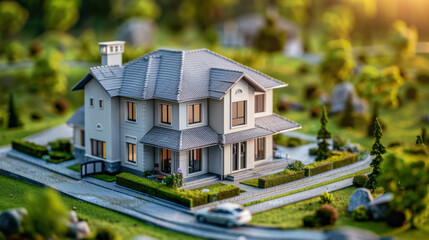 Miniature model of a beautiful house with a landscaped garden in a serene neighborhood, depicted with great detail and natural surroundings.