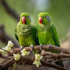 Fototapeta premium two green parrots pair of parrots two parrots in the tree 