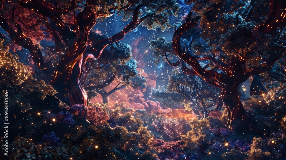 Poster an enchanted forest with glowing tendrils and twinkling stars creates a magical and serene atmospher