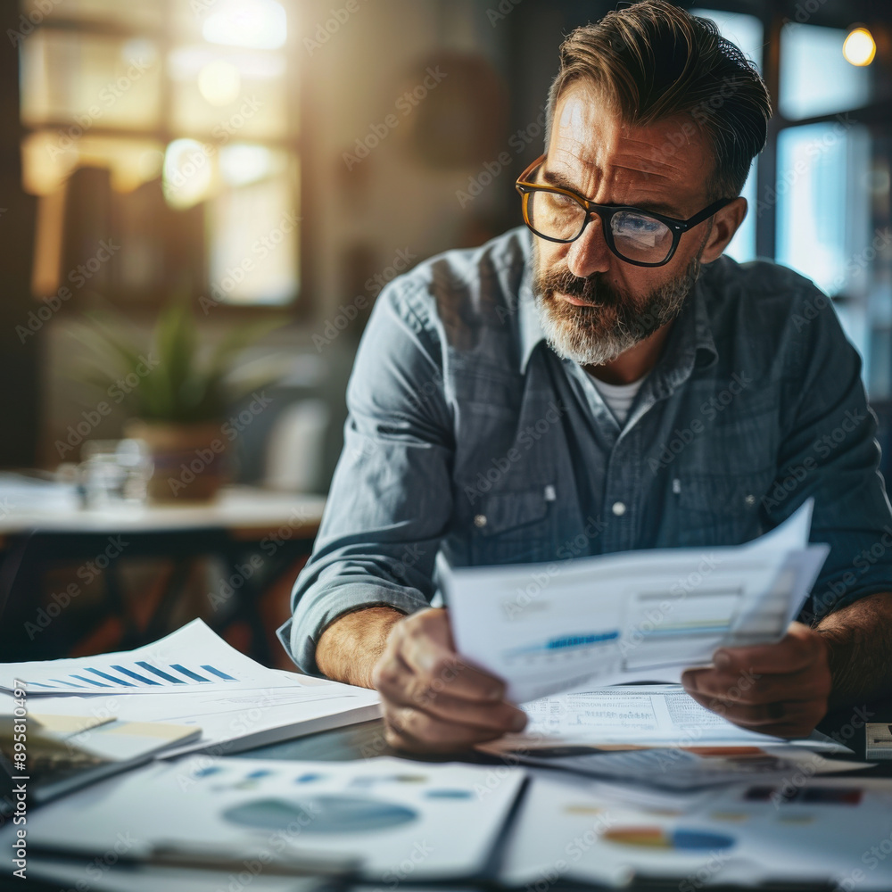 Poster financial management software displaying cost efficiency metrics, businessman evaluating data