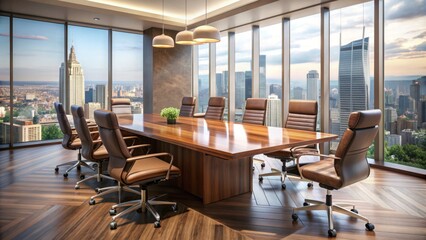 Polished wooden conference table with sleek leather chairs surrounded by sleek modern office interior and blurred cityscape background.
