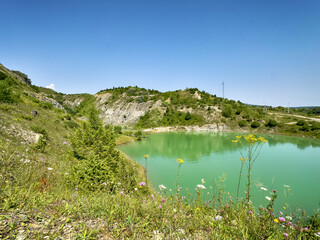 A wonderful landscape in the Carpathian mountains with a view of the lake between the rocks in...