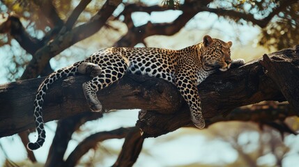 Leopard lounges on a tree branch in the african savanna, basking in the sunshine and serene environment